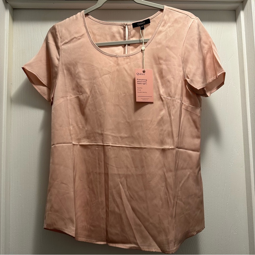 Quince Peach Short-Sleeve Satin-Look Blouse